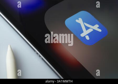 A close up of an iPad screen displaying the Apple app store Stock Photo