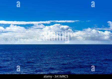 View of the ocean with cumulus clouds and the horizon Stock Photo