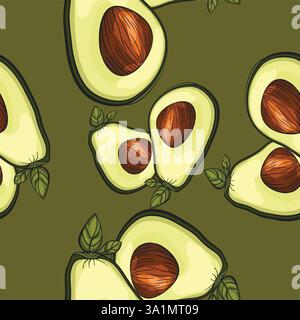 Seamless pattern with freshly cut avocado and leaves showing the seed Stock Vector