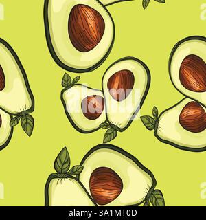 Seamless pattern with freshly cut avocado and leaves showing the seed Stock Vector