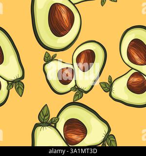 Seamless pattern with freshly cut avocado and leaves showing the seed Stock Vector