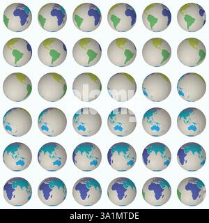 Collection of planet globes. Normal sphere view. Rotation step 10 degrees. Colored continents style. Stock Vector