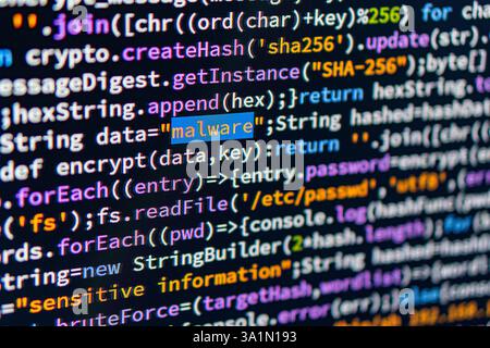 Malware. Image shows a close-up of computer screen displaying code with focus on String malware The image is related to cybersecurity or computer prog Stock Photo