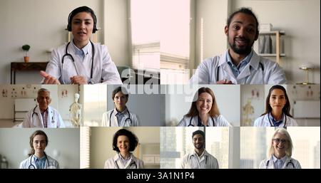 Medical workers lead on-line virtual meeting with diverse colleagues Stock Photo