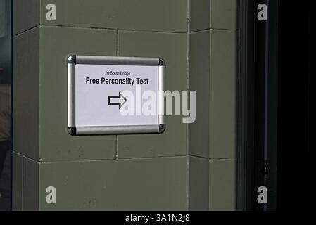 "Free Personality Test" sign at the door of The Hubbard Academy of Personal Independence (HAPI), the Church of Scientology on South Bridge, Edinburgh. Stock Photo