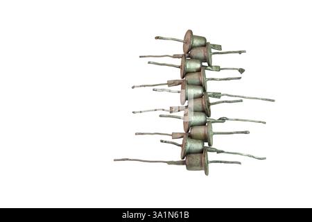 row of medium power rectifier diodes. Vintage electronic components, isolated on white background, with clipping path Stock Photo