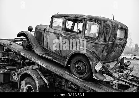 An old, rusty car on a transport trailer is rusting away in the mists in a junkyard near Vader, Washington. Stock Photo
