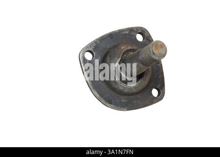 car ball joint: spherical bearing in socket with three through holes for bolts, screw thread to joint automotive control arms, old. isolated on white Stock Photo