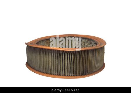 engine round air filter, with clogged up paper media. old, dusty and worn. isolated on white background Stock Photo
