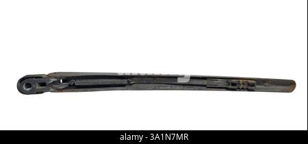 rear windshield wiper arm, balck, painted, metal spring and plastic blade adapter, inner mechanic parts, isolated on white background Stock Photo