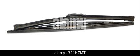 windscreen wipers pair. frameless (beam) wiper and rubber blade on metal frame. old, rusty, worn, isolated on white background, with clipping path Stock Photo