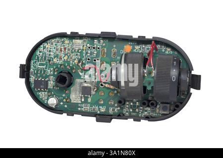 headlight position control module inner electronic mainboard with mounted thumbwheels, isolated on white background Stock Photo