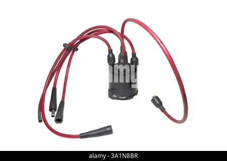 ignition wires, installed in distributor cap. isolated on white background Stock Photo