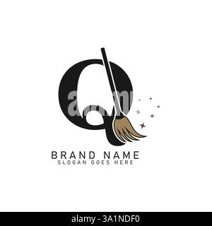 Letter Q House Cleaning Broom Logo. Alphabet Q Cleaning Brush Icon Stock Vector
