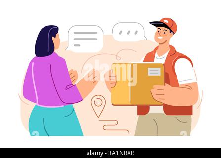 Woman receives parcel from courier at home. Delivery service, online shopping concept. Vector illustration flat design Stock Vector