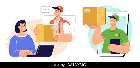 Woman using internet orders parcel from courier. Delivery service, online store concept. Vector illustration Stock Vector