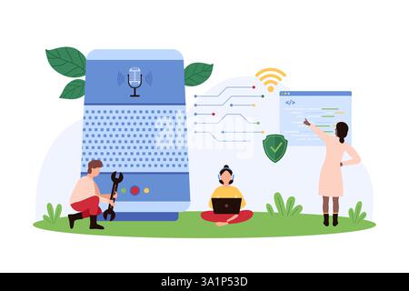 Tiny people engaging with a voice assistant device, showcasing technology and digital interaction with icons for security and wireless communication vector illustration. Stock Vector