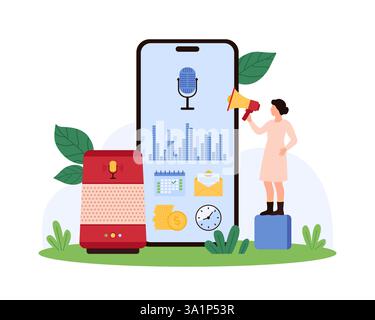 Tiny people interacting with a voice assistant on a large mobile device, using megaphone and various icons for commands, highlighting digital communication vector illustration. Stock Vector
