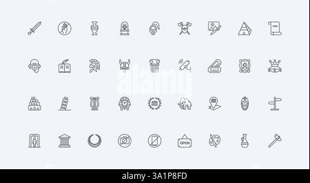 Guide and ticket, tour to Egyptian pyramid and Coliseum, Pisa tower thin black outline symbols vector illustration. Museum, history culture and heritage, art gallery of paintings line icon set Stock Vector