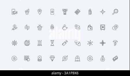 Account balance, statement check and withdrawal of money from ATMs thin black outline symbols vector illustration. Financial transaction in bank mobile app, payment and deposit line icon set Stock Vector