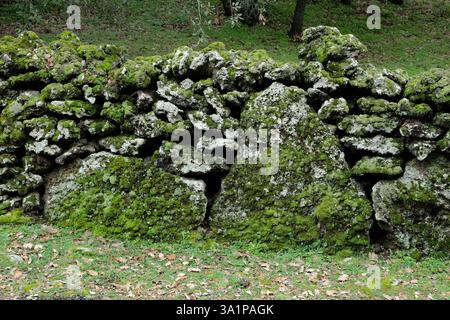 dry stone wall with some cyclopean stones covered with moss on a path in Etna-Park, Sicily, Italy Stock Photo