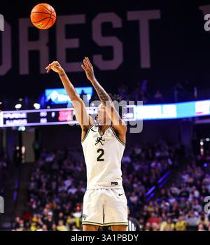 Wake Forest guard Juke Harris reacts after fouling out against North ...