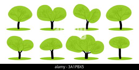 Multiple stylized trees in various shapes featuring bright green foliage and dark trunks on a white background Stock Vector