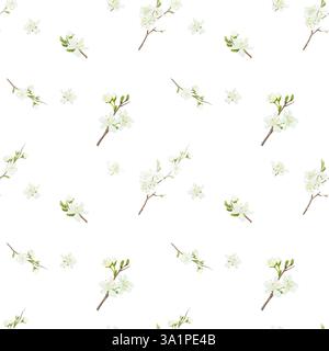 Delicate flowers on spring apple and cherry tree branches with leaves. Seamless pattern. Watercolor digital illustration. White buds and petals, bloom Stock Photo