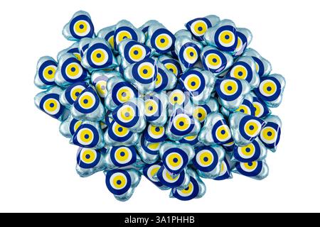 Chocolate with heart shaped evil eye beads covered with aluminum foil. Heart shaped chocolates wrapped in aluminum foil to be given as gifts on Valent Stock Photo