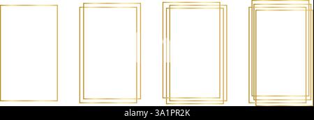Collection of golden rectangle frames. Bright rectangular borders, shiny decorative frameworks, design elements for banners or greeting cards isolated on white background. Vector illustration. Stock Vector