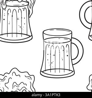 A fun, black and white illustration featuring beer mugs and snacks, perfect for pub or party themes. Hand drawn vector black-and-white graphics in line art for printing on paper and fabric. Stock Vector