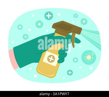 Hand in Gloves Spraying Sanitizing Cleanser for Get Rid of Germs, Bacteria and Virus for Cleaning and Healthcare Concept Illustration Stock Vector