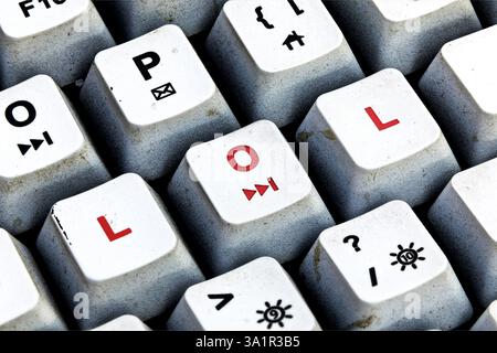 LOL keyboard keys. Dirty Keyboard with LOL written in red color Stock Photo