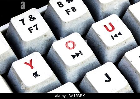 Keyboard button with YOU written in red color. Close up macro photo of worn vintage keyboard Stock Photo