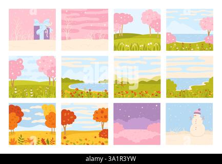 Four seasons of nature cover flat design set. Simple stylized design winter, spring, summer and autumn landscapes poster backgrounds. Editable seasonal art vector cartoon illustration for children Stock Vector