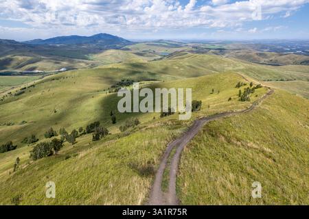 Aerial view of beautiful summer hills with green grass and a field road. Stock Photo