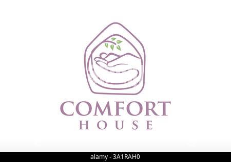 Nature With Sleeping Comfort House Logo Design, Comfort Zone Retreat Logo, Organic Interior Design, Retreat Wellness Logo Hand Care Sleeping a Human Stock Vector