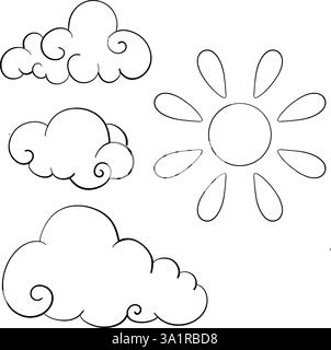 Vector set - clouds and sun, cartoon style. Black silhouette for circuit Stock Vector
