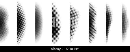 Halftone shadow set. Black dotted gradient stripe collection. Vertical pixel grain line patterns. Half tone textured shade pack for divide and separate. Vector noise dots and particles elements Stock Vector