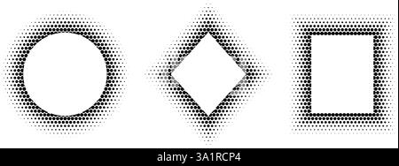 Black halftone geometric frame set. Dotted gradient border collection. Pop art comic picture holder design for banner template, copy space, emblem, poster, booklet. Vector rasterized framing pack Stock Vector