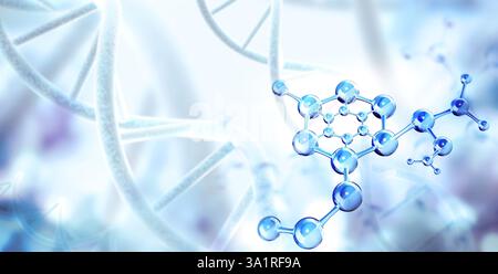 Horizontal banner with abstract molecular structure, DNA and copy space for text. Genetic engineering, GMO, gene manipulation concept. Hi Tech technol Stock Photo