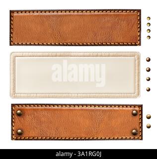 Set of leather label of brown and ivory color. Collection of leather tags with decorative borders and bronze rivets. Isolated on white background Stock Photo