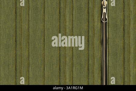 Dark green denim background with zipper. Khaki color denim jeans fabric texture and close zip. Decorative backdrop with zipper or fastener, khaki-colo Stock Photo