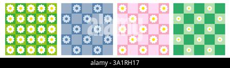 Trendy checkerboard seamless pattern set with daisy flowers Stock Vector