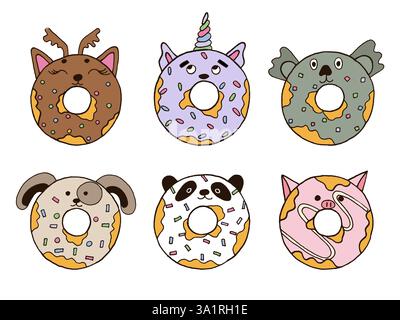 Cute handdrawn donut animals set Stock Vector