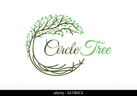 Green Leaf Nature Circle Tree And Root Logo Design Vector Icon Symbol Illustrations, Circle Tree Logo, Family Tree Six Season Tree logo Stock Vector