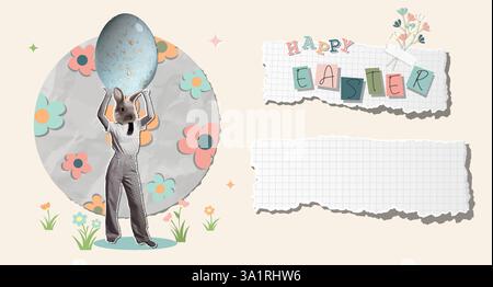 Collage whimsical Easter Bunny Holding Colorful Egg, Happy Easter vector illustration Stock Vector
