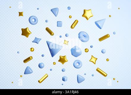 3D confetti pattern with golden stars and blue geometric shapes. Flying metallic cylinders and spheres, triangles and sparkly decorative elements. Dynamic festive composition for celebration design. Stock Vector