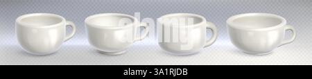 White coffee cup mockups set isolated on transparent background. Vector realistic illustration of empty ceramic mug with handle, cafe or restaurant container for hot beverages, porcelain dishware Stock Vector