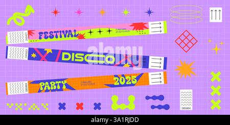 Neon bracelet tickets on purple grid for party events. Pink festival pass, blue disco wristband, orange 2025 entry band. Decorated with stars, wavy patterns. Retro design for nightclub admission. Stock Vector
